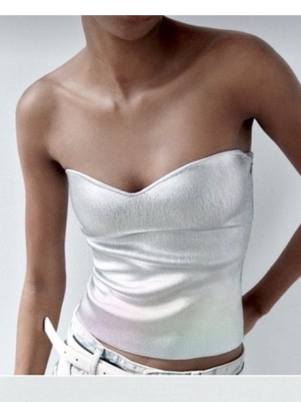 Zara Strapless Metallic Silver Sweetheart Bustier Top